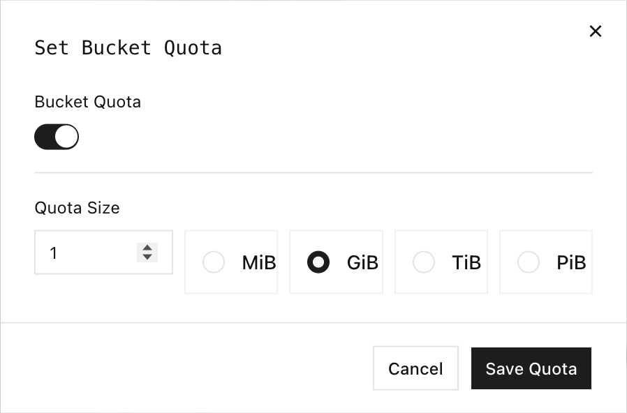 Set Bucket Quota dialog with quota size and unit controls