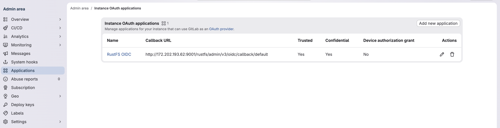 GitLab Admin area showing the RustFS OIDC instance OAuth application as trusted and confidential
