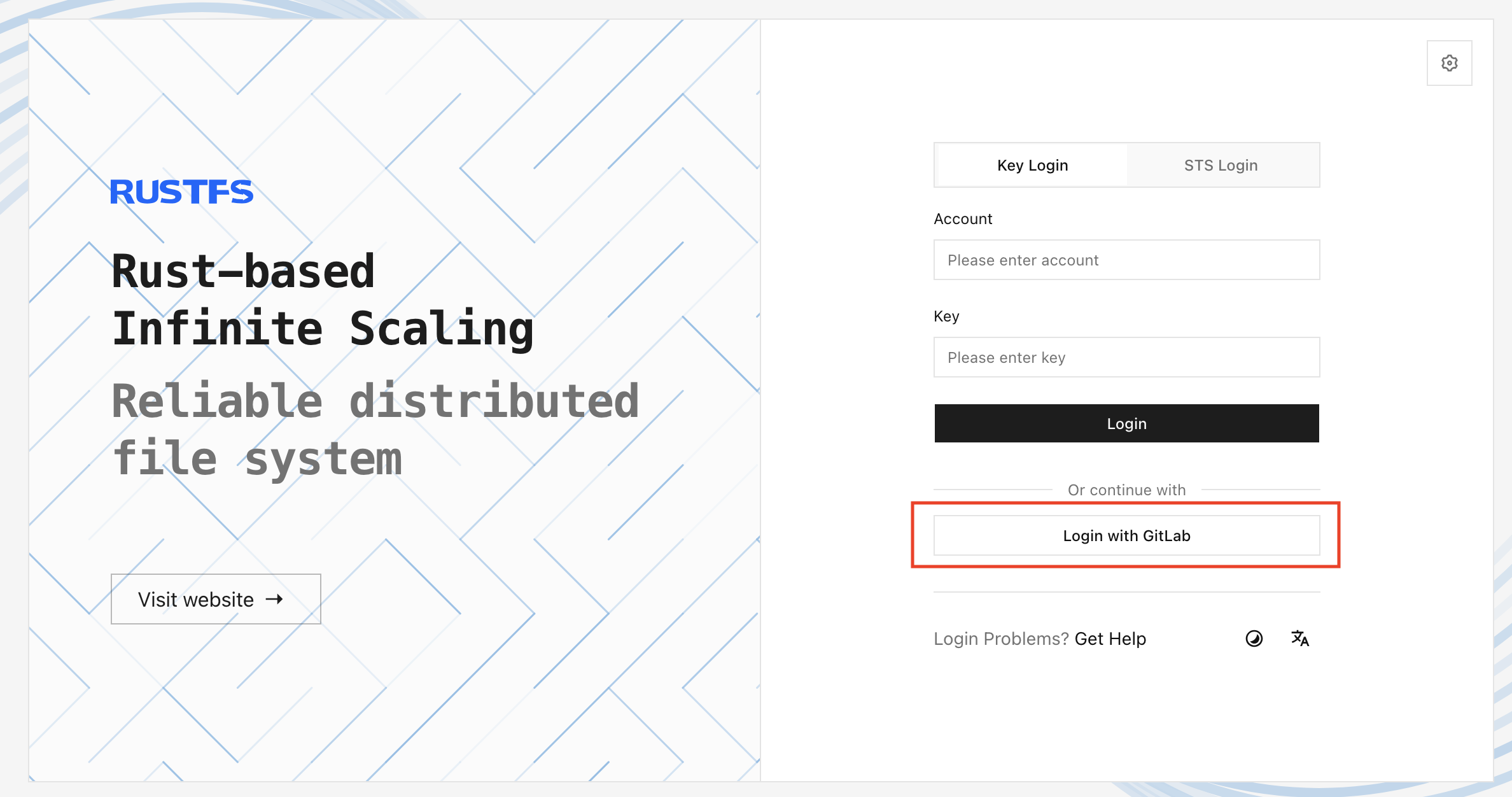 RustFS Console login page showing the Login with GitLab option